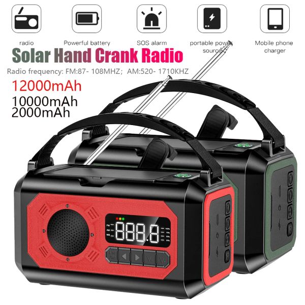 Radio 2000/10000/12000mAh AM/FM Radio météo panneaux solaires manivelle Radio d'urgence lampe de lecture batterie externe SOS alarme lampe de poche