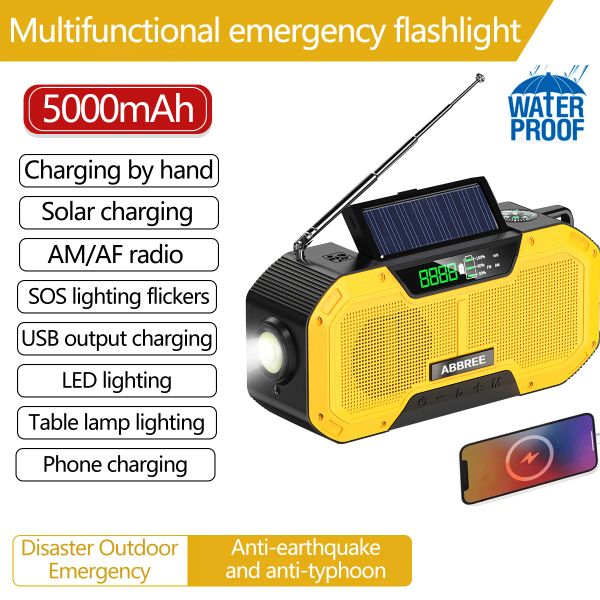 Radio Abbree étanche d'urgence d'urgence Radio Auto Scan AM / FM Charge par Solar Power Hand Crank USB Charger Power Bank pour portable