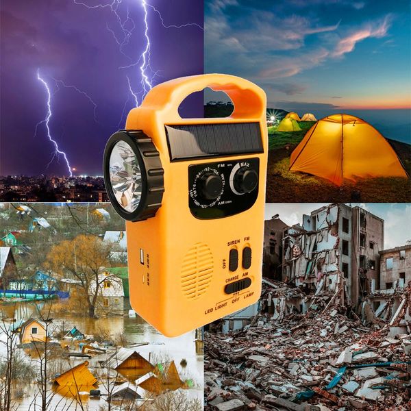 Radio banco de energía de emergencia Radio Fm manivela dinamo Solar Radio meteorológica portátil Usb Mp3 altavoz con lámpara Led linterna