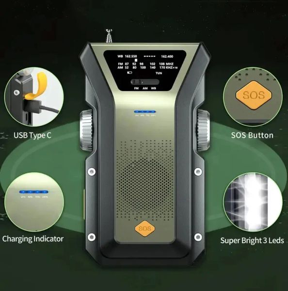 Radio météo d'urgence 4000mAh, manivelle, batterie solaire, lampe de poche, NOAA AM FM, Radio Portable, chargeur de téléphone portable, alarme SOS