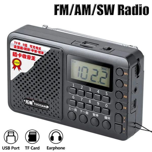 Radio Full Band Full Radio Portable Portable FM/AM/SW Receptor Recargable Radio TF/USB Music Player con pantalla LCD de 3.5 mm auriculares auriculares