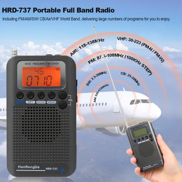 Radio HanRongDa HRD-737 Receptor de banda de avión de radio de banda completa portátil FM / AM / SW / CB / Air / VHF Banda mundial con pantalla LCD Reloj despertador 230701