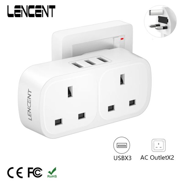 Radio Lencent UK Plug Wall Socket Extender With 2AC Outlets 3 PORTS USB 5V 2.4A 5IN1 USB OUTLET SORT PLIG EXTENDER POUR HOME / OFFICE