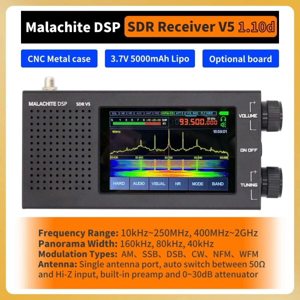 Récepteur Radio Malahit DSP SDR 1.10d V5 avec boîtier métallique en option, 5000mAh AM CW SSB NFM WFM Malachite Malahitam sdr
