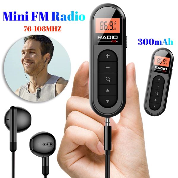 Radio Mini Pocket FM Radio avec rétro-éclairage LCD Affichage des écouteurs de 3,5 mm câblés 76108MHz Radio Lavalier rechargeable pour rencontrer des sports
