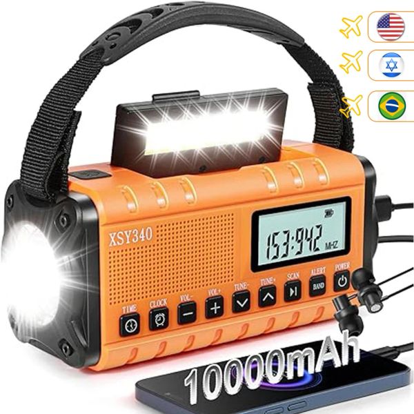 Radio Radio solaire multifonctionnelle à manivelle FM AM WB NOAA Radio météo 10 000 mAh Charge USB Lampe de poche LED d'urgence Banque d'alimentation