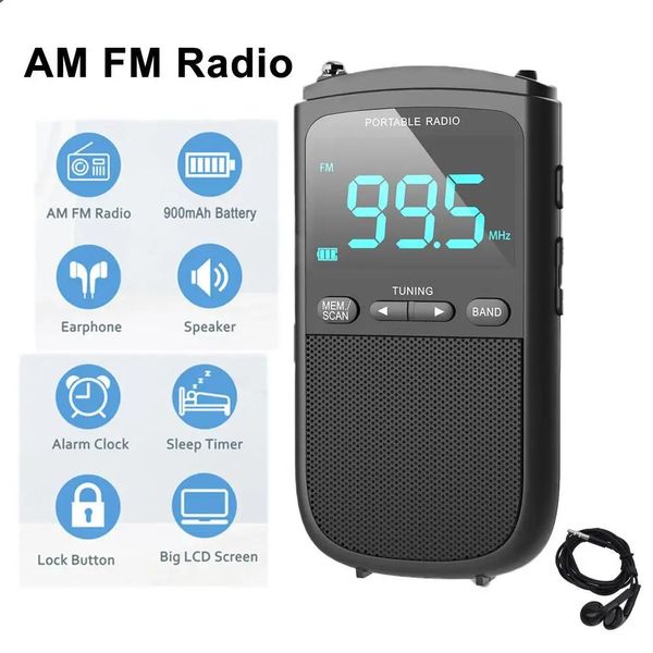 Radio Movimiento al aire libre AM FM Radio estéreo personal recargable Mini FM conector para auriculares reloj alarma radio de bolsillo para transmisión meteorológica