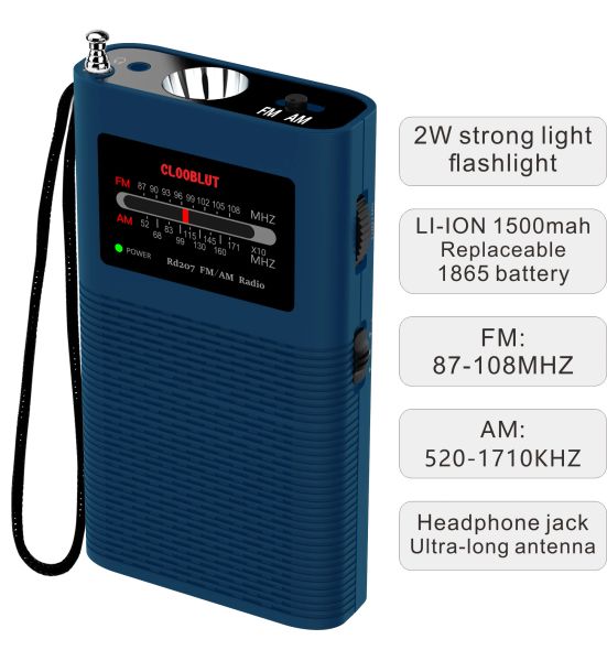 Radio de poche AM FM, Radio à Transistor Portable, lampe de poche puissante alimentée par une batterie de 1500 mah (incluse), meilleure réception