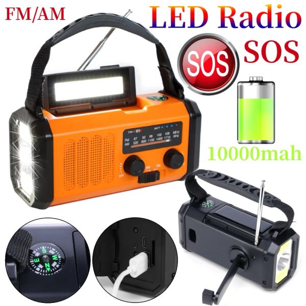 Radio Radio portátil recargable FM AM Carga manual solar Radio con manivela SOS Linterna LED de emergencia 10000 mAh Fuente de alimentación para teléfono móvil