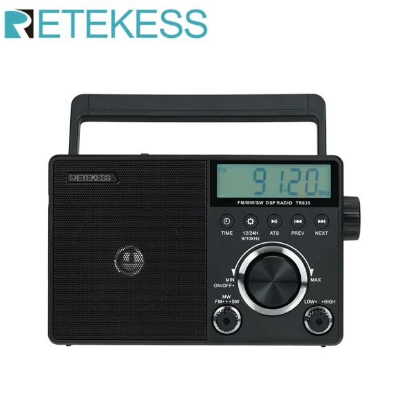 Radio Retekess TR635 Radio portátil AM FM SW Radio de onda corta Radio multibanda Funciona con pilas Altavoz grande Pantalla LCD Reloj para personas mayores