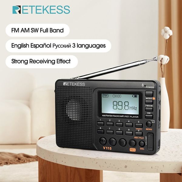 Radio RETEKESS V115 FM AM SW Radios portables Batteries rechargeables à ondes courtes Enregistreur USB pleine onde Ser 230801