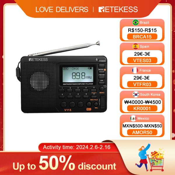 Radio Retekess V115 Radio FM AM SW Portable Radios AM FM Radio de onda corta recargable en baterías Todas las ondas completas Altavoz de grabadora USB