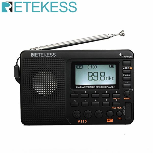 Radio RETEKESS V115 Radio FM AM SW Radios portátiles AM FM Radio de onda corta recargable con baterías Todas las ondas completas Grabadora USB Altavoz 231218
