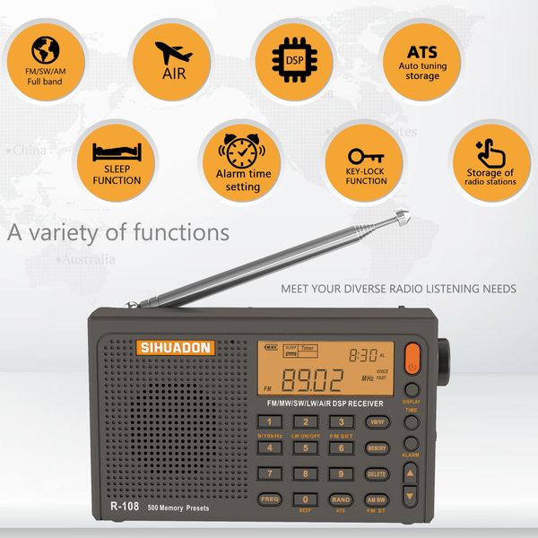 Radio SIHUADON R108 FM stéréo numérique Portable AM SW récepteur d'air fonction d'alarme affichage horloge température haut-parleur 230830