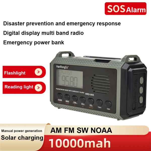 Radio Solar Hand Crank AM FM SW NOAA MEUXE LAMPE DE LECTURE RADIO 10000MAH RADIE MULTIFUNCE RADIO 3,5 mm Jack pour la survie en plein air