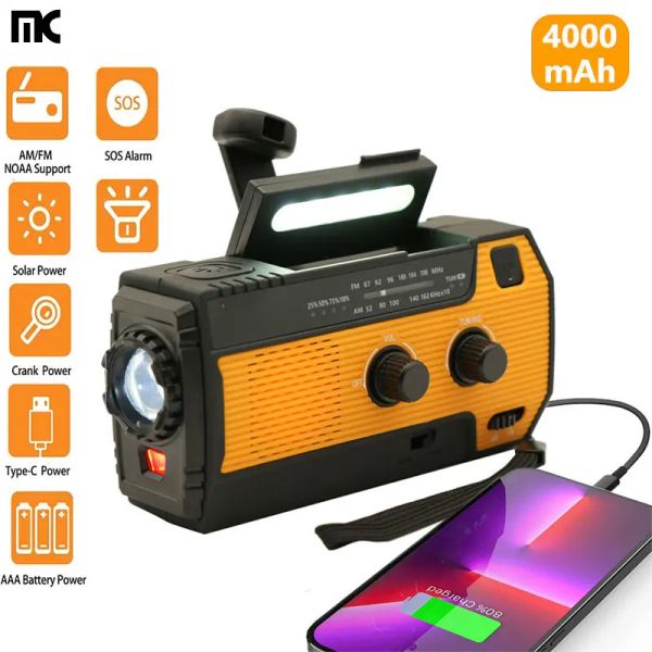 Mise à niveau radio Multifisection Récepteur radio Radio Hand Crank Solar USB FM / AM / NOAA WB 4000mAh Radios météorologiques Banque d'alimentation de lampe de poche d'urgence