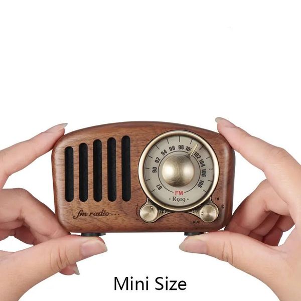 Radio Vintage Stéréo Fm Radio Mega Bass Sd Lecteur Mp3 Bluetooth Mini Portable Bois Rétro Batterie Intégrée Haut-Parleur Usb Rechargeable Aux