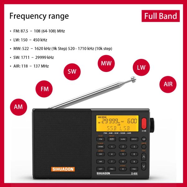 Radio XHDATA D808 Gris Radio Portátil AM FM Alta Sensibilidad y Sonido Profundo Estéreo Multi Banda Completa con Pantalla LCD Alarma Temperatura