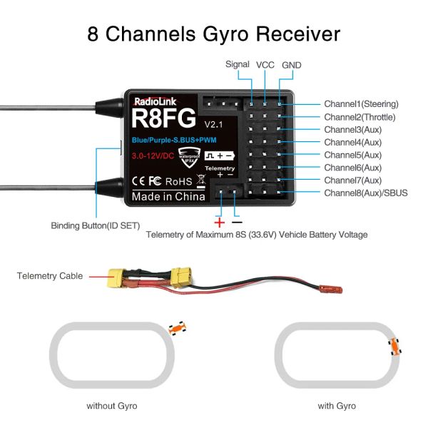 Radiolink R8FG 8 Channle 2.4G Gyro RC Voltaje del receptor Devuelto 600 metros de largo rango RX para automóvil Barco RC8X RC6GS RC4GS T8S T8FB