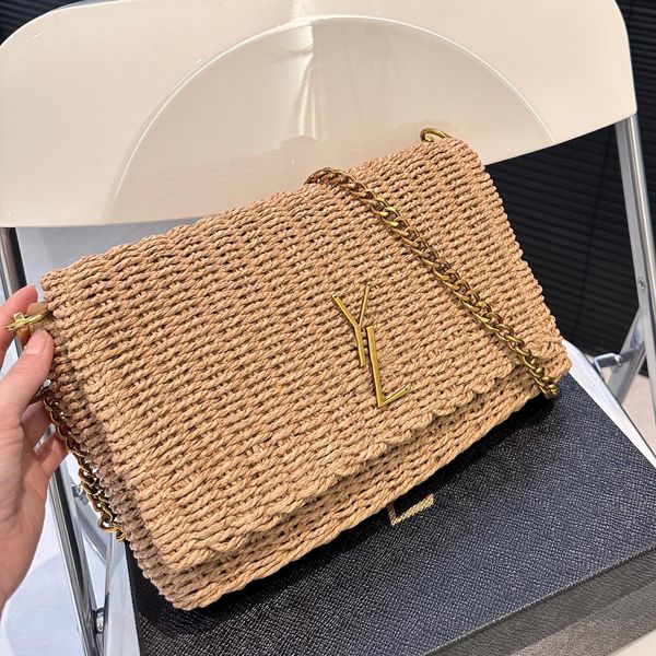 Bolso de rafia para mujer, bolso de hombro de diseñador, tejido de lujo, bolso para cámara de paja, bolsos Y bolsos de playa de verano, bandoleras con solapa