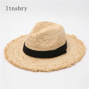 Raffia Hat Panama Straw Hat Summer Black Ribbon Women Men Men Wide Brim Beach Sun Cap UV Bescherming Jazz Fedora Hat240409