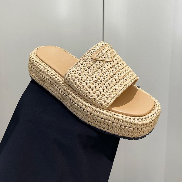 Raffias Slippers Femme Noir Natural Crochet Tissu à la plate-forme de sandale de forme plate plate-forme tissée Chunky Mule Mule Summer Beach Flip Flips Rubber Sole Lady