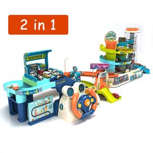 Rail Track Car Toy City Steerwiel Parkeergebouw S Muziek Automobile Elektrisch avontuur voor kinderen Gift 220608