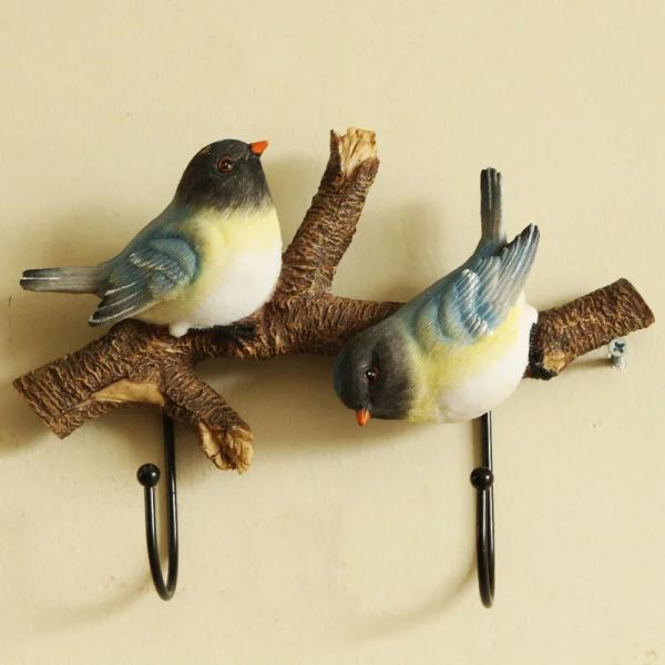 Rails mignon simulat mural manteau en manteau 2 oiseaux sur le cintre de branche d'arbre avec 2 crochets pour clés du chapeau serviettes de serviettes