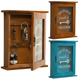 Rails suspendus au mur boîte de rangement de clés en bois Vintage femme de ménage bleu marron armoire porte-clés avec crochet support décoration murale familiale