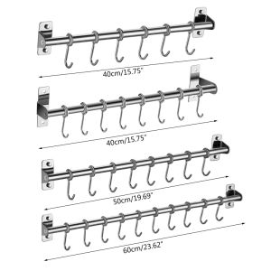 Rails Wandmontage Gebruiksvoorwerprek Roestvrijstalen hangende keukenrail met 6/8/10 verwijderbare haken Hanger Organizer