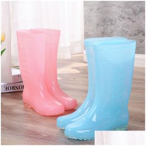 Bottes de pluie Pofove High Tube Femmes Pvc Chaussures de travail imperméables à l'eau pour les filles Bonbons Couleur Mode Slip On Knee Jelly Botas Drop Delivery Acce