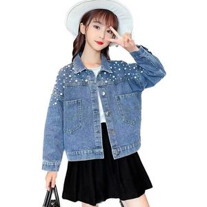 Rain Gear Teenage Girls Pearl Coats For Kids Denim Jackets 2023 Autumn Casual Long Sleeve Children Clothing School Outerwear 6 8 10 12 13y 230520