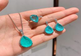 Regen luxe Wong 925 Sterling Silver Paraiba Toermaline Gemstone oorbellenspendernecklacering Wedding Sieraden Sets hele 9NT6550502