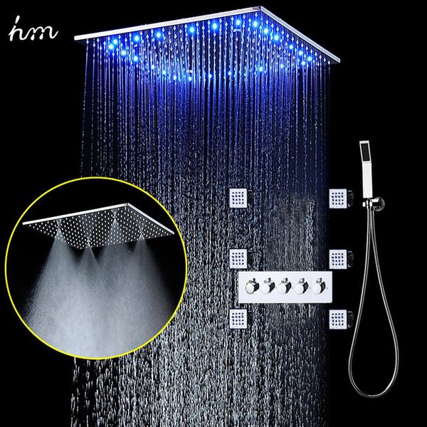 Juego de ducha de spa de lluvia Cabezal de ducha de luz led de 20 pulgadas Baño de rociador corporal montado en el techo Desviador termostático de alto flujo Bath275e