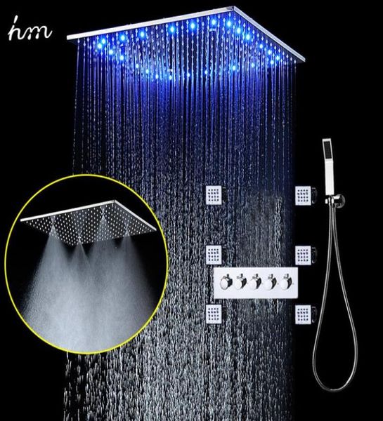 Juego de ducha tipo Spa tipo lluvia, cabezal de ducha con luz LED de 20 pulgadas, rociador corporal montado en el techo, baño con desviador termostático de alto flujo, 8436080