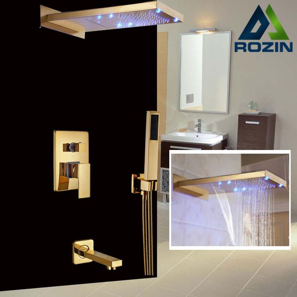 Rain cascade LED Fauce de douche de salle de bain en laiton monté en laiton 3 voies douche mélangeur doré robinet en plastique