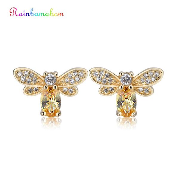 Rainbamabom Vintage 925 argent massif Citrine pierres précieuses jaune or abeille boucles d'oreilles clous d'oreille femmes bijoux fins en gros