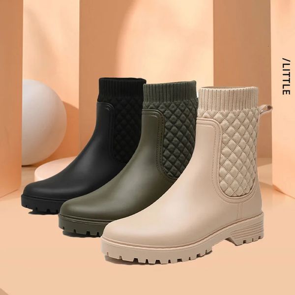 Botas de lluvia para mujer, botas informales a cuadros para mujer, Botas de lluvia a media pantorrilla a la moda, zapatos de agua, Botas de lluvia para adultos de tubo medio sin cordones para mujer 240102