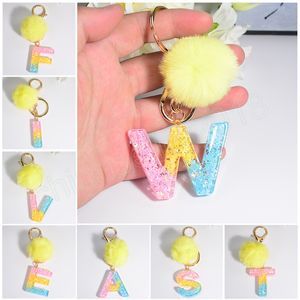 LLavero de arcoíris con 26 letras, pompón amarillo, llavero con bola de pelo, colgante para bolso de mujer, accesorios para llaves, regalos