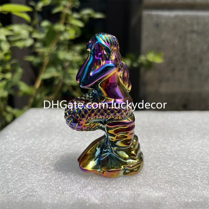 Rainbow Aura Crystal Siedząc syrenę Statua Wystrój Wspaniały tytanowy kwarcowy kwarcowy szlachetna Ocean Goddess Nautical Sculpture Pink Opalite Sea MAIN EDYNIGINE Prezent Figurine Dift