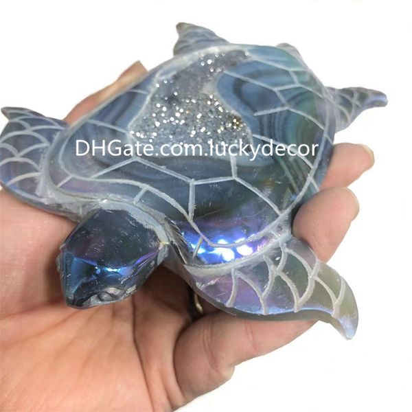 Arc-en-ciel Aura Titane Enduit Géode Agate Tortue De Mer Crâne Artisanat Guérison Druzy Quartz Tortue Sculpture Cristal Sculpture Pierre Roche Animal Minéral Spécimen 9-13cm