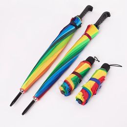 Rainbow Automatic Umbrella Long Straitement Pandle Umbrella 16k Strong Troping Sunny Umbrelas 8K Unisexe épaissis Fimbria Th1416