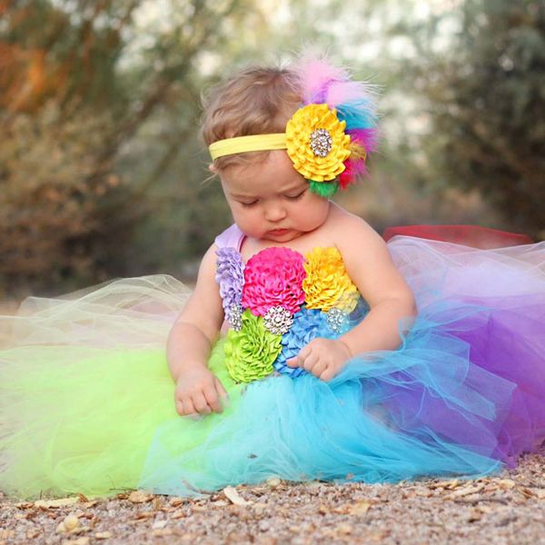 Rainbow Baby Girls Fancy Tutu Dress Holiday Flower Fluffy Baby Dress con diadema 1er cumpleaños foto disfraz TS092