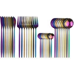 Rainbow Black Servies Set 304 Roestvrijstalen bestek Set Rose Gold Mirror Silverware Diner Set Mes Vork Lepel Statdware Servies