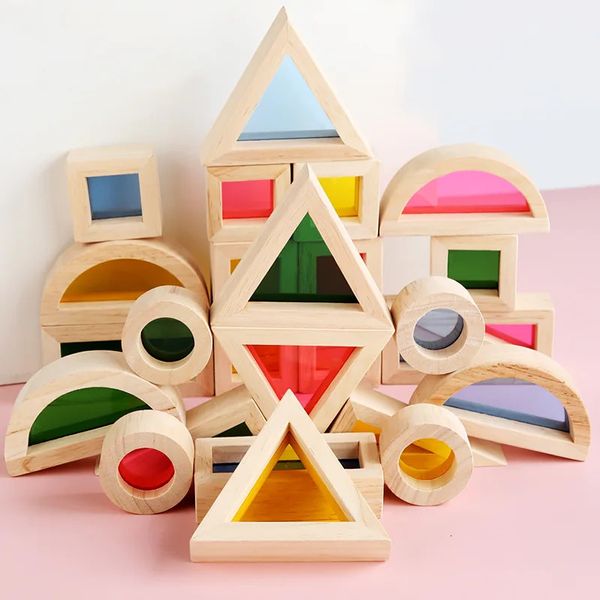 Rainbow Blocks Transparent Acrylique Empilage Jouets Solide Caoutchouc Bois Construction En Bois Empileur Montessori pour Enfants Enfants 240110