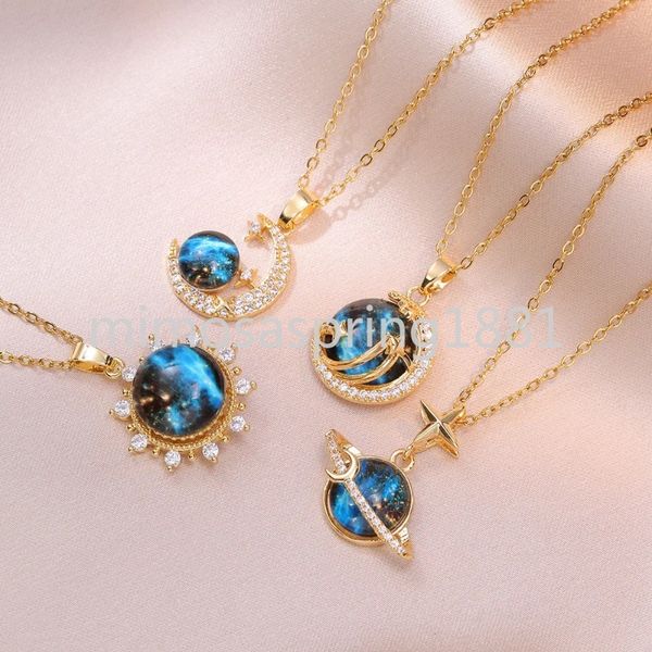 Collares de ópalo de arcoíris azul para mujer, colgante de estrella de circón de resina de Color dorado y plateado, collar de clavícula inoxidable de acero inoxidable CZ