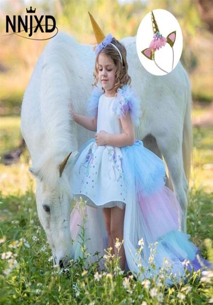 Rainbow Cake Girls Unicorn Robe Long Tail Train Robe Baby Girl Princess Birthday Party Ball Ball Kids Horse Hairband LJ25237043