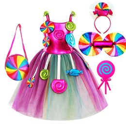 Rainbow Candy Princess Dress Filles Ball Lollipop Pourim Costume pour enfants avec bandeau vacances fête d'anniversaire vêtements tenues 240109