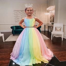 Rainbow Chiffon Little Girl Pageant Dresses 2022 Riraps-Neck Girls Prom Jurdens Zipper V Back Mouwloze A-Line Lange Lange Kids Formeel Party BI 2609
