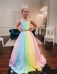 Rainbow Chiffon Little Girl Pageant Dresses 2022 Strapsneck Girls Prom Jurdens Zipper V Back Mouwloze Aline Long Kids Formele PAR3405687